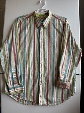 Robert Graham Shirt Mens 3XL XXXL Dark Multicolor Striped Flip Cuff Button Up
